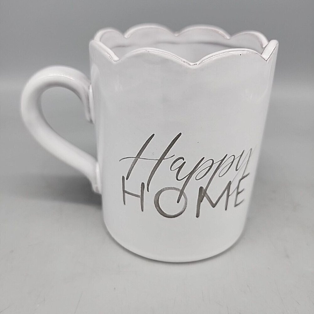 Mud Pie 2022 Coffee Tea Mug Cup Happy Home Scallop Top White Gray Handle